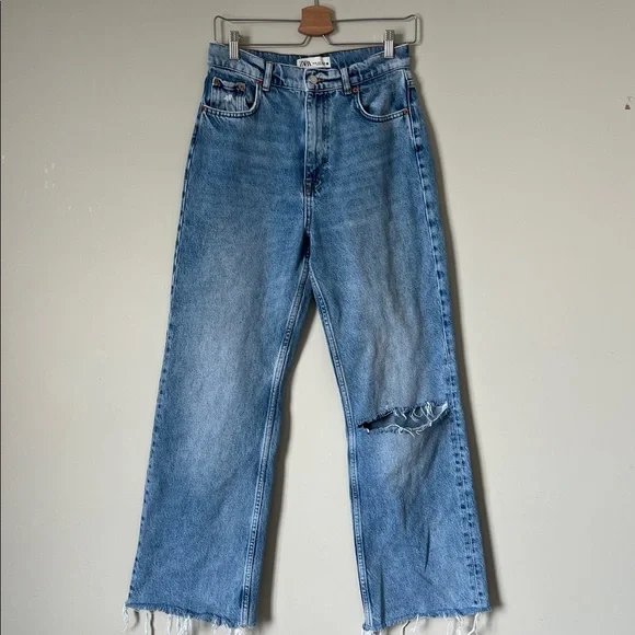 ZARA High-Rise Wide-Leg Jeans Vintage Wash Distressed Raw Hem Size 6 - Picture 4 of 11
